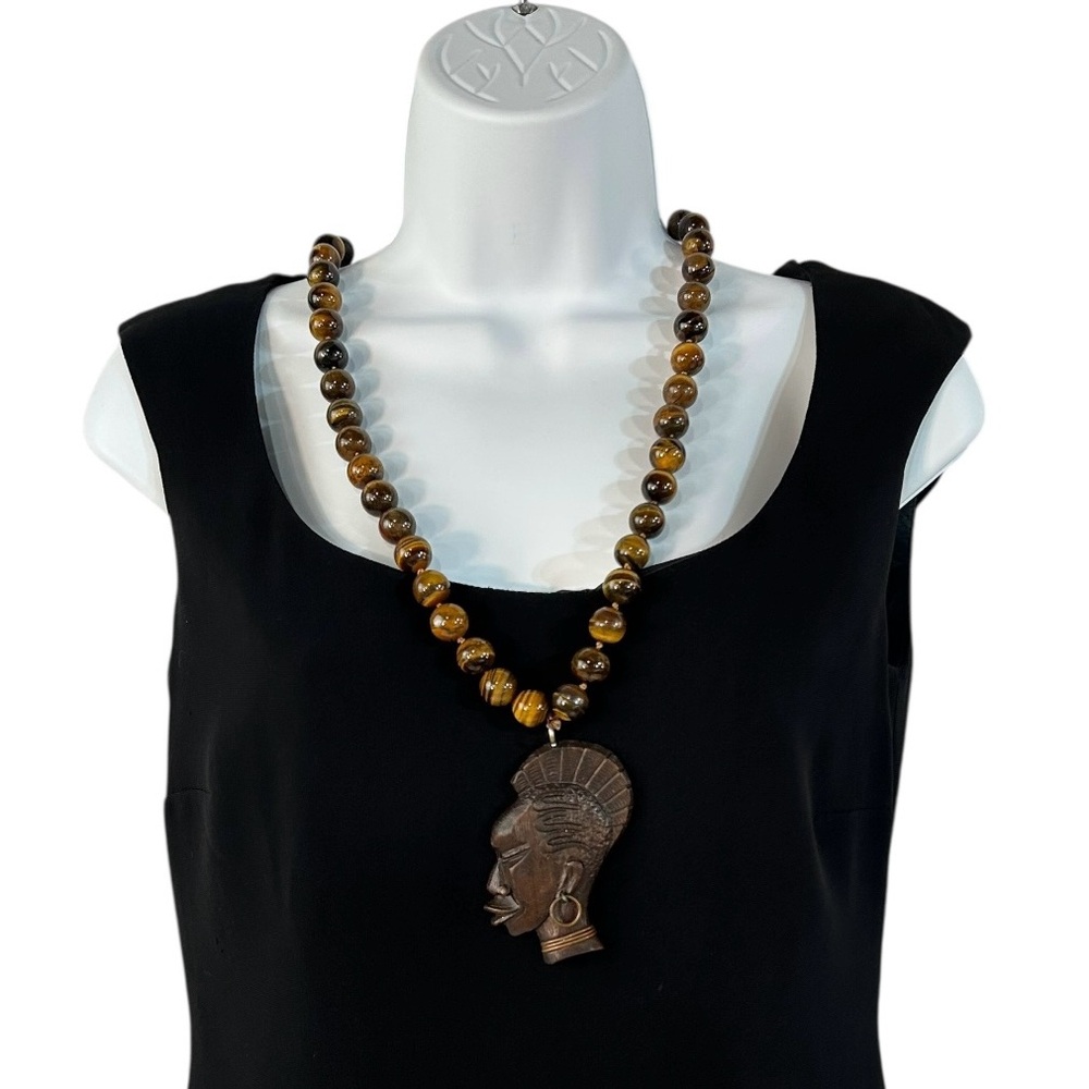 Necklace African Queen Tigereye Stones Carved Wood Handmade Statement Jewelry